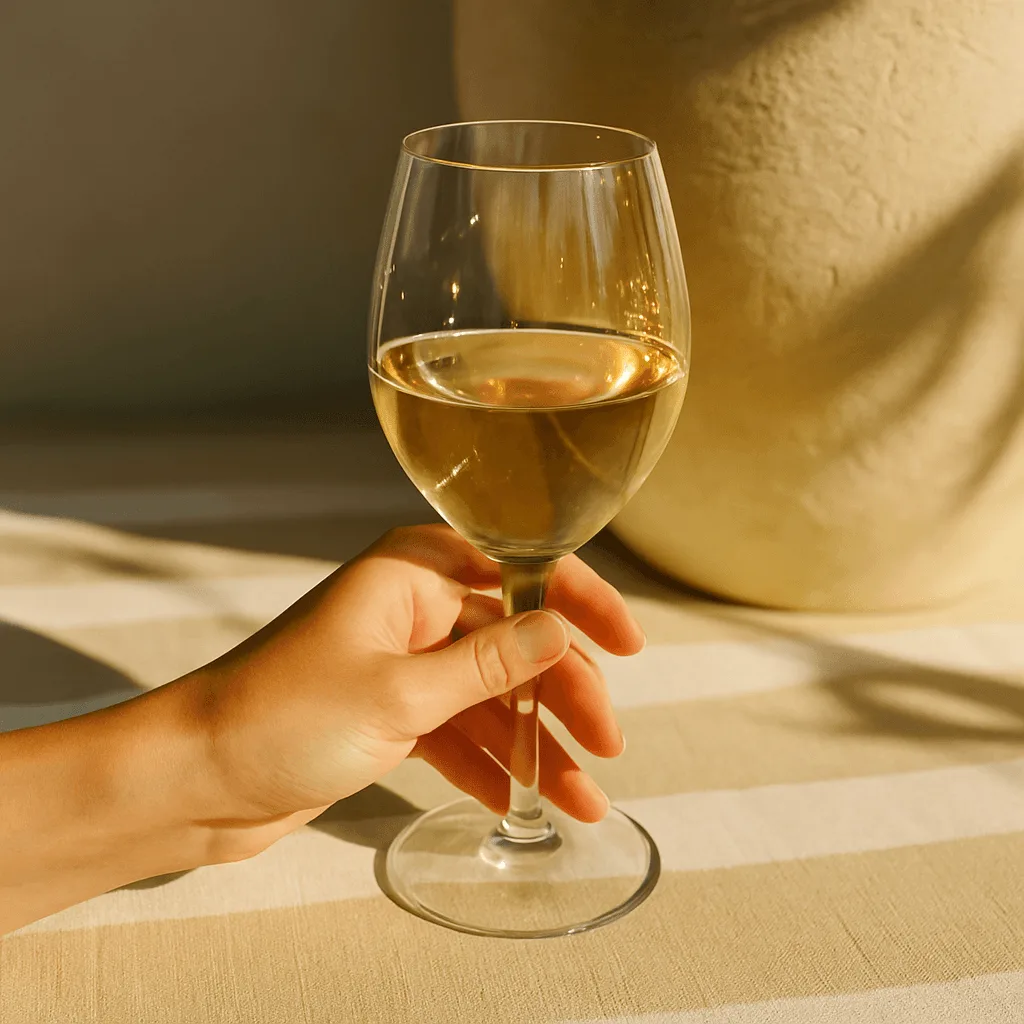Glass of white wine held on a table